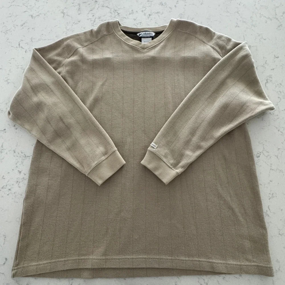 Columbia Pullover Sweater Mens XXL Tan Ribbed V-Neck Long Sleeve Earth Tones
